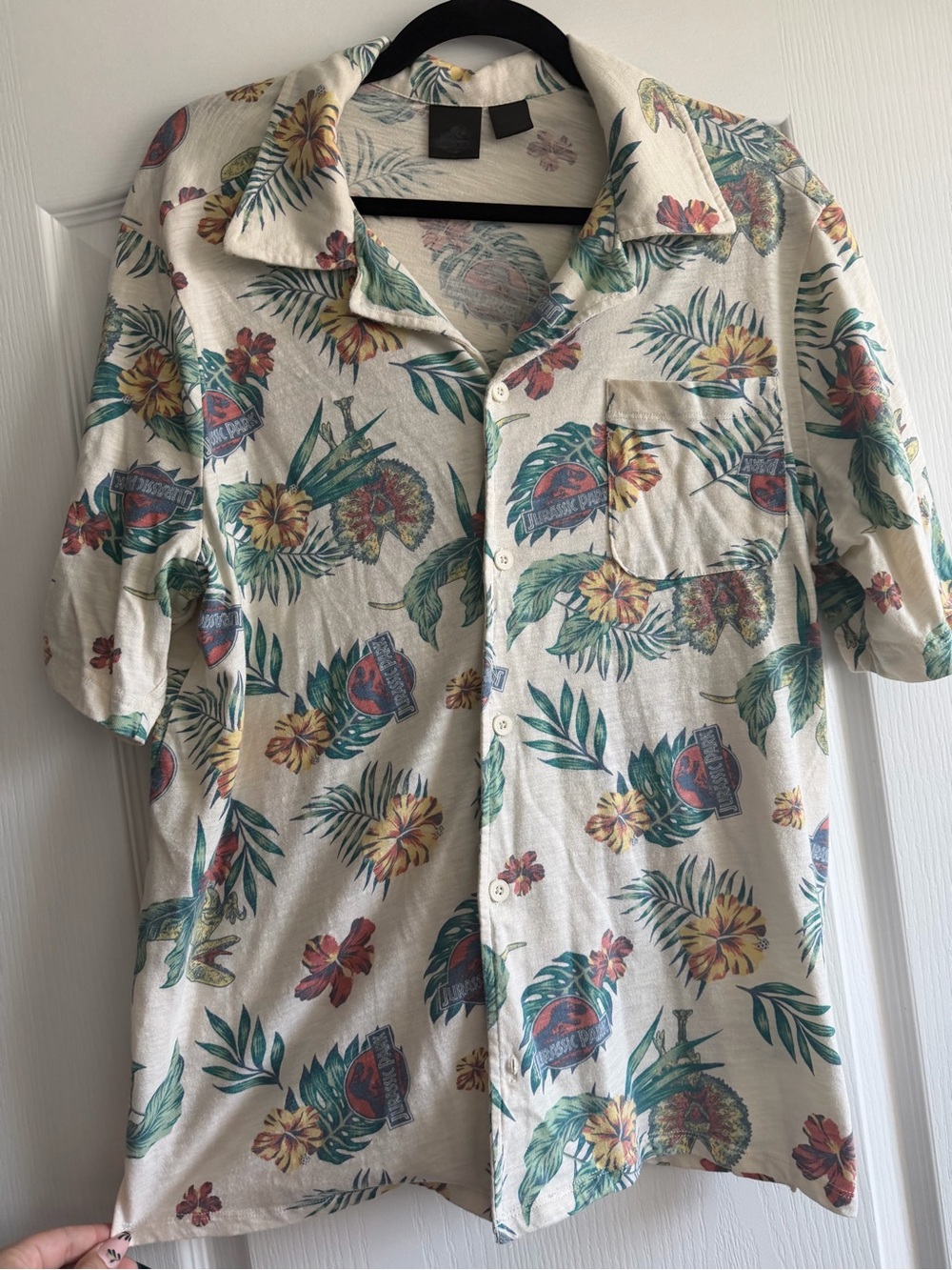 Men's Large Jurassic Park Hawaiian Floral Short-Sleeve Button Down Shirt